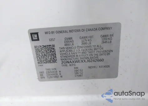 2018 Chevrolet Equinox Premier z USA, uszkodzony, nr VIN 2GNAXWEXXJ6242660